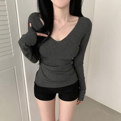 ディープVネック薄手長袖Tシャツ(6color) CHARCOAL