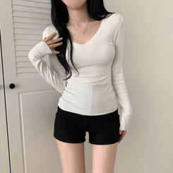 ディープVネック薄手長袖Tシャツ(6color) IVORY