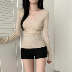 ディープVネック薄手長袖Tシャツ(6color) BEIGE