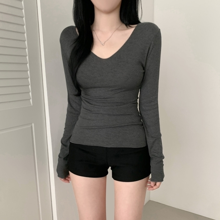 ディープVネック薄手長袖Tシャツ(6color) CHARCOAL