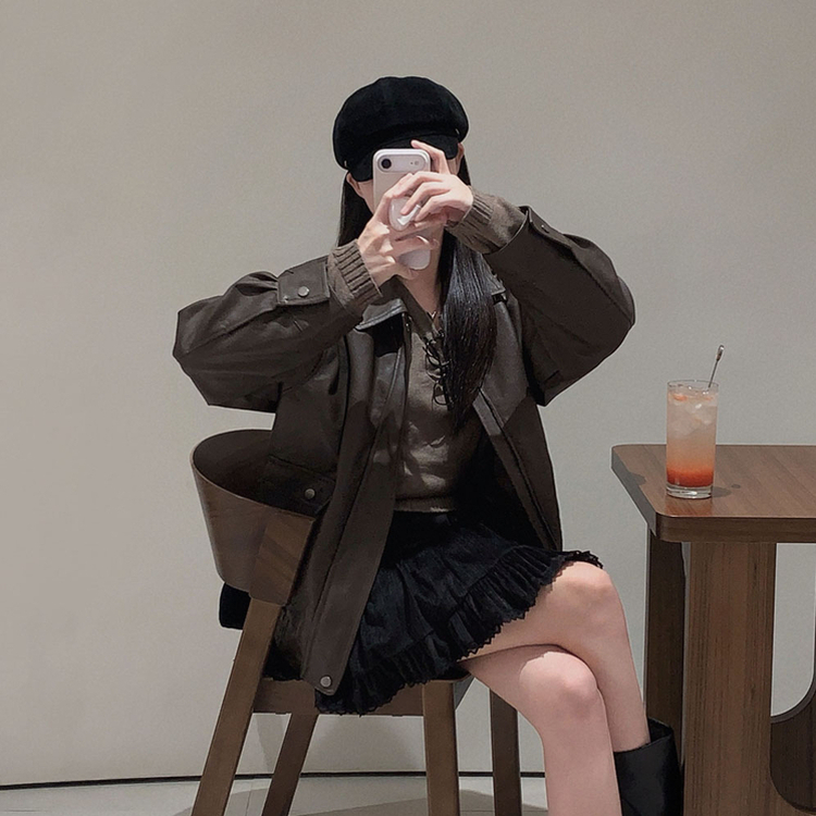 시크한 도시여자솔라리 오버핏 탄탄 레더 자켓 점퍼 브라운