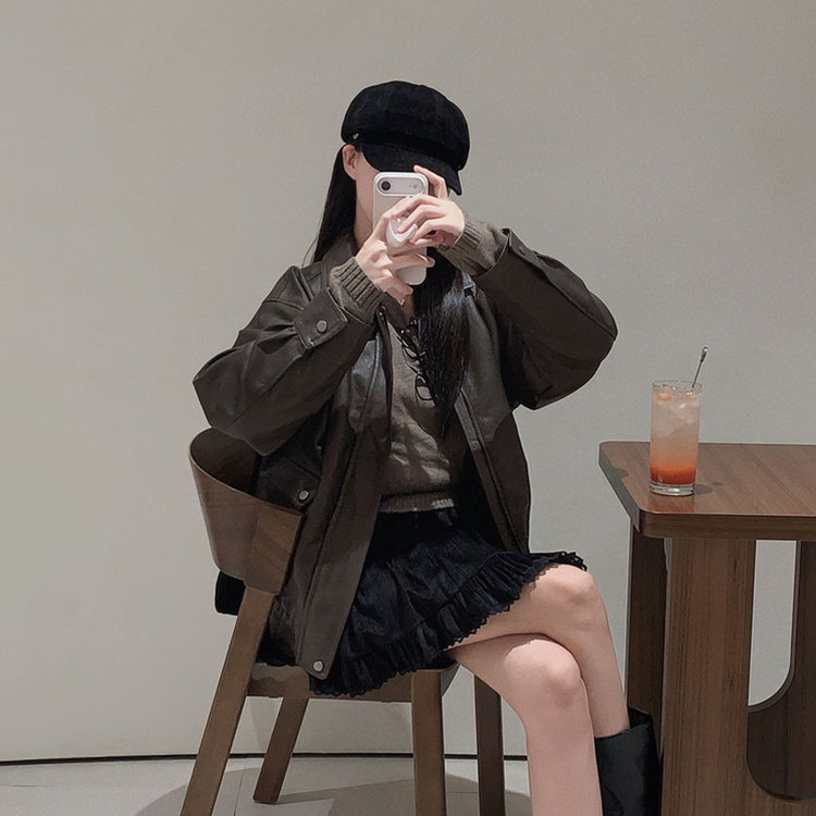 시크한 도시여자솔라리 오버핏 탄탄 레더 자켓 점퍼 브라운