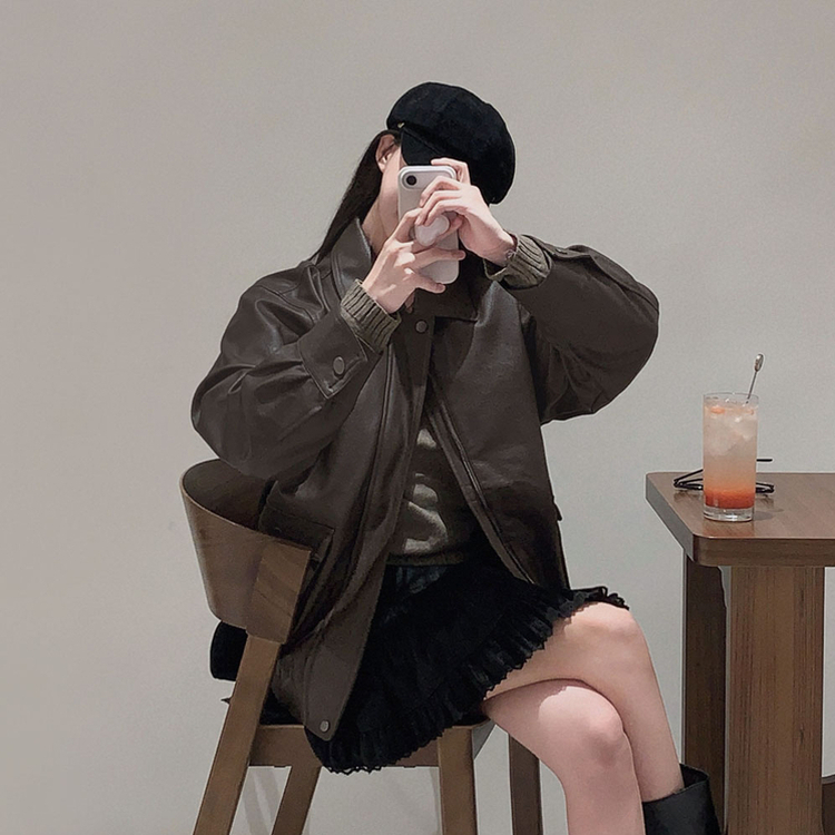 시크한 도시여자솔라리 오버핏 탄탄 레더 자켓 점퍼 브라운