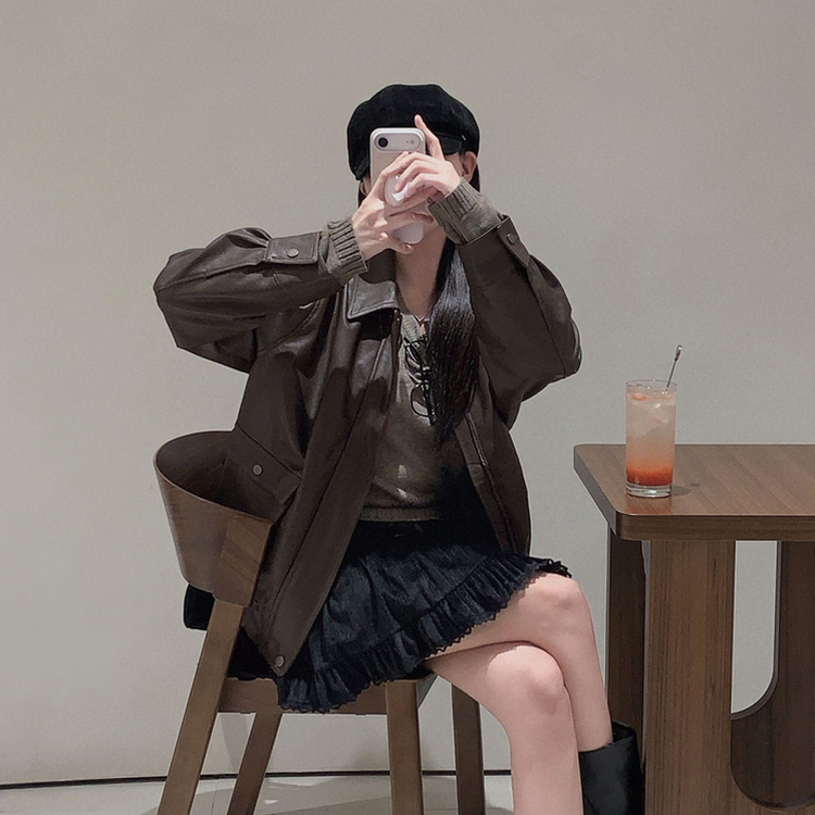 시크한 도시여자솔라리 오버핏 탄탄 레더 자켓 점퍼 브라운