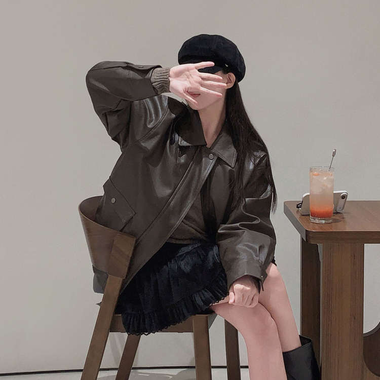 시크한 도시여자솔라리 오버핏 탄탄 레더 자켓 점퍼 브라운