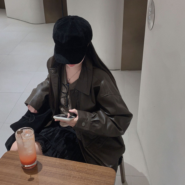 시크한 도시여자솔라리 오버핏 탄탄 레더 자켓 점퍼 브라운