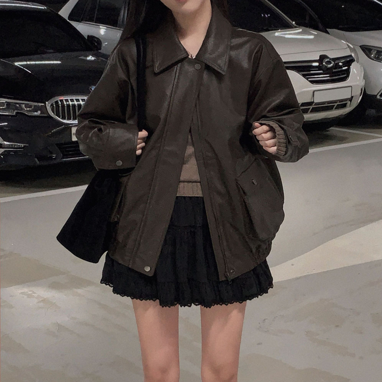 시크한 도시여자솔라리 오버핏 탄탄 레더 자켓 점퍼 브라운