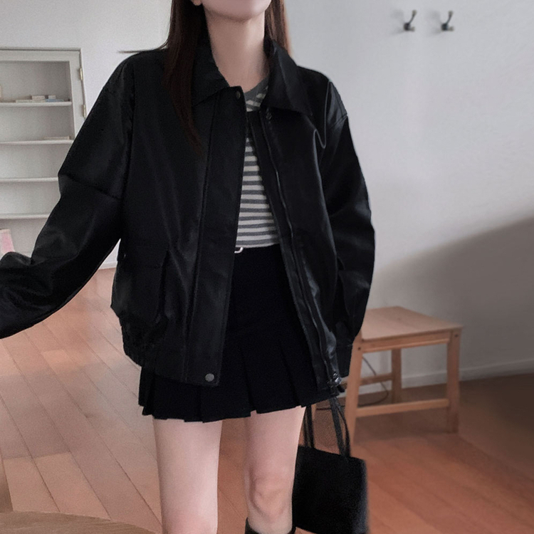 시크한 도시여자솔라리 오버핏 탄탄 레더 자켓 점퍼 블랙