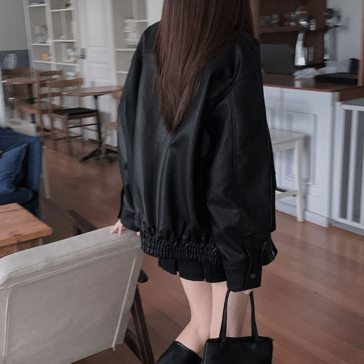 시크한 도시여자솔라리 오버핏 탄탄 레더 자켓 점퍼 블랙