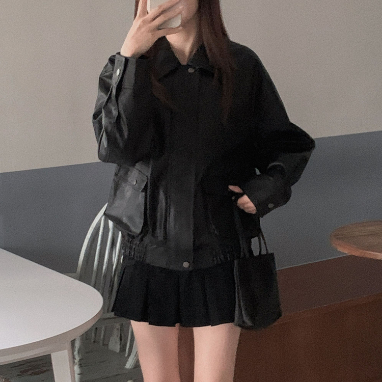 시크한 도시여자솔라리 오버핏 탄탄 레더 자켓 점퍼 블랙