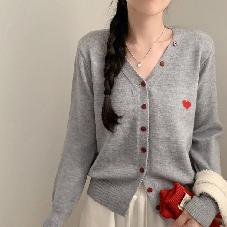 레드 하트 포인트 긴팔 브이넥 니트 가디건 그레이