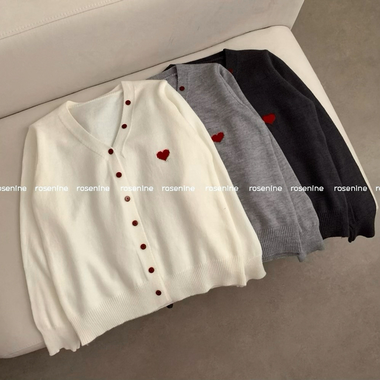 레드 하트 포인트 긴팔 브이넥 니트 가디건