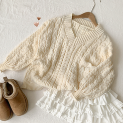 히너 브이넥 꽈배기 케이블 도톰 오버핏 박시 니트