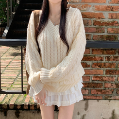 히너 브이넥 꽈배기 케이블 도톰 오버핏 박시 니트 베이지