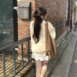 히너 브이넥 꽈배기 케이블 도톰 오버핏 박시 니트 베이지