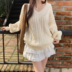 히너 브이넥 꽈배기 케이블 도톰 오버핏 박시 니트 베이지