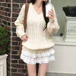 히너 브이넥 꽈배기 케이블 도톰 오버핏 박시 니트 베이지