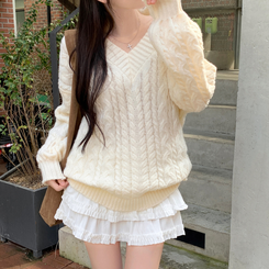 히너 브이넥 꽈배기 케이블 도톰 오버핏 박시 니트 베이지