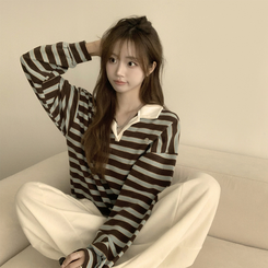 글레이즈 카라 팬던트 오버핏 겨울 단가라 긴팔 티셔츠 데일리 루즈핏 긴팔티 스트라이프 맨투맨 브라운