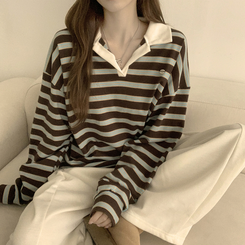 글레이즈 카라 팬던트 오버핏 겨울 단가라 긴팔 티셔츠 데일리 루즈핏 긴팔티 스트라이프 맨투맨 브라운