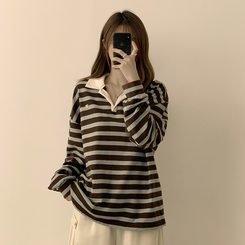 글레이즈 카라 팬던트 오버핏 겨울 단가라 긴팔 티셔츠 데일리 루즈핏 긴팔티 스트라이프 맨투맨 브라운