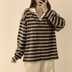 글레이즈 카라 팬던트 오버핏 겨울 단가라 긴팔 티셔츠 데일리 루즈핏 긴팔티 스트라이프 맨투맨 브라운