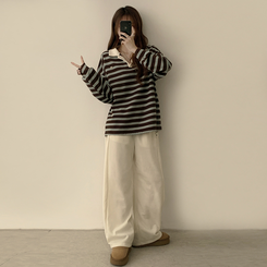 글레이즈 카라 팬던트 오버핏 겨울 단가라 긴팔 티셔츠 데일리 루즈핏 긴팔티 스트라이프 맨투맨 브라운