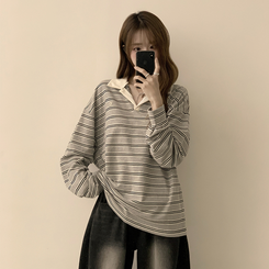 글레이즈 카라 팬던트 오버핏 겨울 단가라 긴팔 티셔츠 데일리 루즈핏 긴팔티 스트라이프 맨투맨 메란지