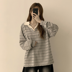 글레이즈 카라 팬던트 오버핏 겨울 단가라 긴팔 티셔츠 데일리 루즈핏 긴팔티 스트라이프 맨투맨 메란지