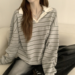 글레이즈 카라 팬던트 오버핏 겨울 단가라 긴팔 티셔츠 데일리 루즈핏 긴팔티 스트라이프 맨투맨 메란지