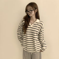 글레이즈 카라 팬던트 오버핏 겨울 단가라 긴팔 티셔츠 데일리 루즈핏 긴팔티 스트라이프 맨투맨 크림