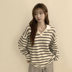 글레이즈 카라 팬던트 오버핏 겨울 단가라 긴팔 티셔츠 데일리 루즈핏 긴팔티 스트라이프 맨투맨 크림