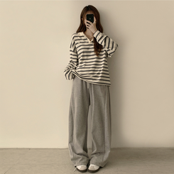 글레이즈 카라 팬던트 오버핏 겨울 단가라 긴팔 티셔츠 데일리 루즈핏 긴팔티 스트라이프 맨투맨 크림