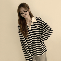 글레이즈 카라 팬던트 오버핏 겨울 단가라 긴팔 티셔츠 데일리 루즈핏 긴팔티 스트라이프 맨투맨 네이비