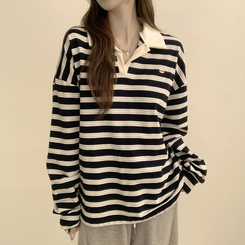 글레이즈 카라 팬던트 오버핏 겨울 단가라 긴팔 티셔츠 데일리 루즈핏 긴팔티 스트라이프 맨투맨 네이비