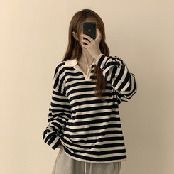 글레이즈 카라 팬던트 오버핏 겨울 단가라 긴팔 티셔츠 데일리 루즈핏 긴팔티 스트라이프 맨투맨 네이비