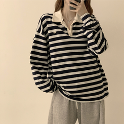 글레이즈 카라 팬던트 오버핏 겨울 단가라 긴팔 티셔츠 데일리 루즈핏 긴팔티 스트라이프 맨투맨 네이비