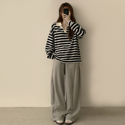 글레이즈 카라 팬던트 오버핏 겨울 단가라 긴팔 티셔츠 데일리 루즈핏 긴팔티 스트라이프 맨투맨 네이비