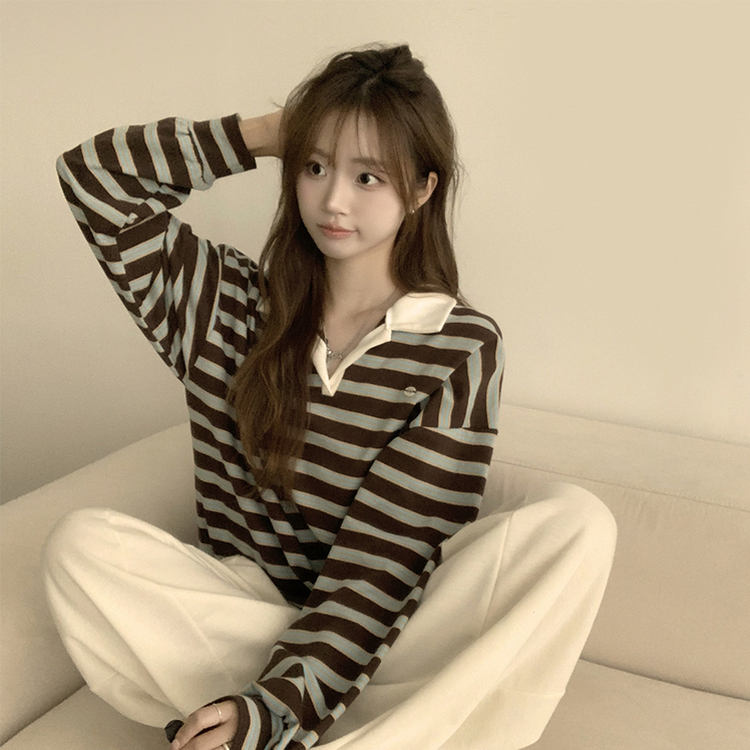 글레이즈 카라 팬던트 오버핏 겨울 단가라 긴팔 티셔츠 데일리 루즈핏 긴팔티 스트라이프 맨투맨 브라운