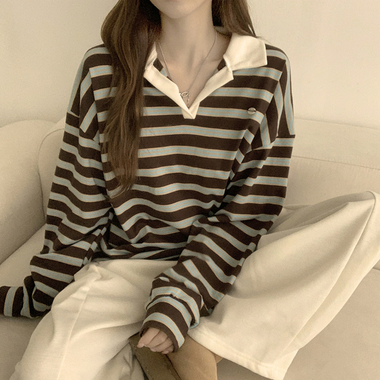 글레이즈 카라 팬던트 오버핏 겨울 단가라 긴팔 티셔츠 데일리 루즈핏 긴팔티 스트라이프 맨투맨 브라운