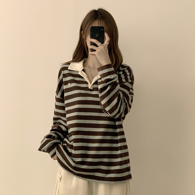 글레이즈 카라 팬던트 오버핏 겨울 단가라 긴팔 티셔츠 데일리 루즈핏 긴팔티 스트라이프 맨투맨 브라운