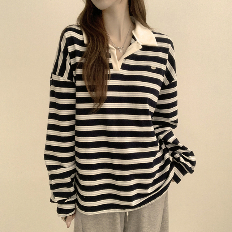 글레이즈 카라 팬던트 오버핏 겨울 단가라 긴팔 티셔츠 데일리 루즈핏 긴팔티 스트라이프 맨투맨 네이비