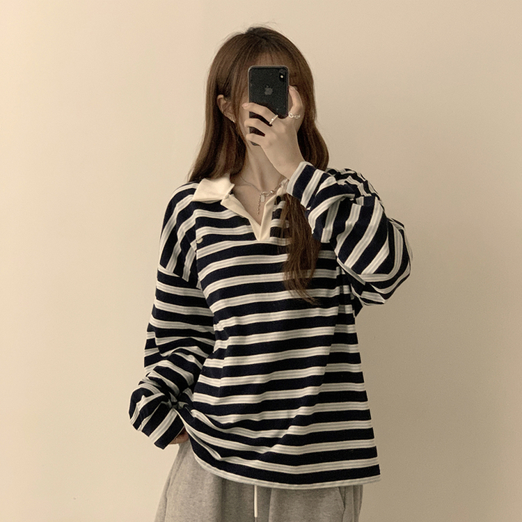 글레이즈 카라 팬던트 오버핏 겨울 단가라 긴팔 티셔츠 데일리 루즈핏 긴팔티 스트라이프 맨투맨 네이비