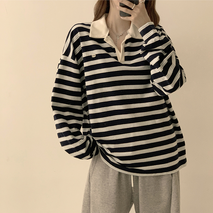 글레이즈 카라 팬던트 오버핏 겨울 단가라 긴팔 티셔츠 데일리 루즈핏 긴팔티 스트라이프 맨투맨 네이비