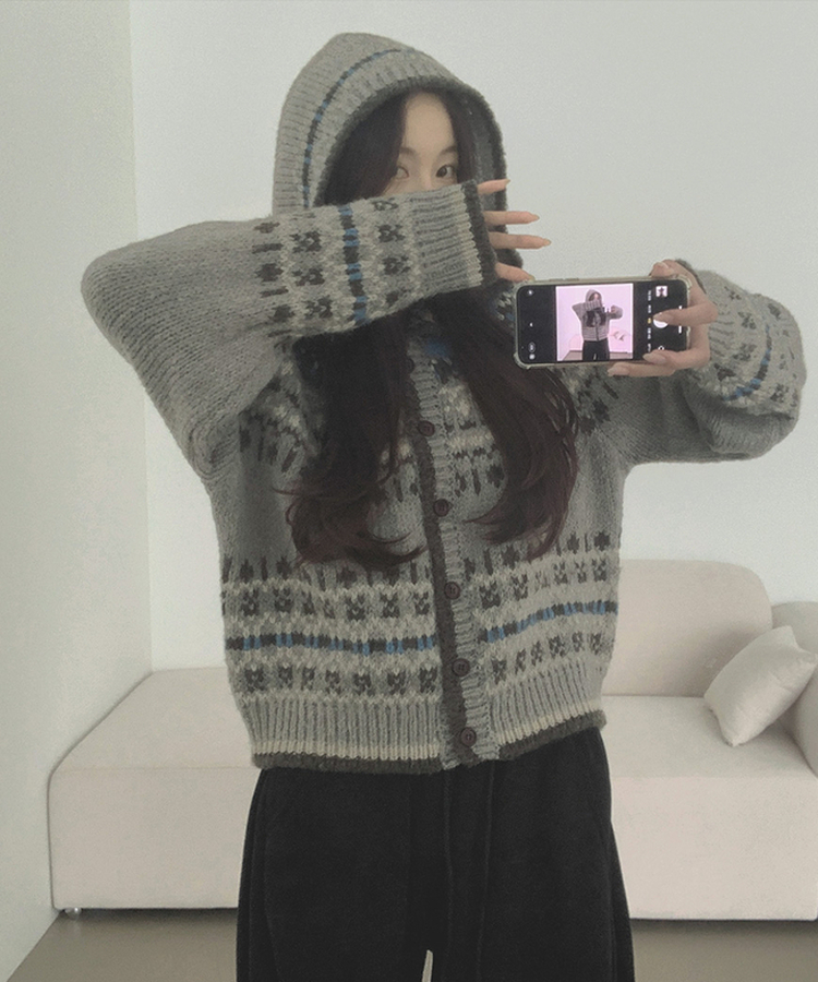 보들 노르딕 보온성 좋은 후드 가디건