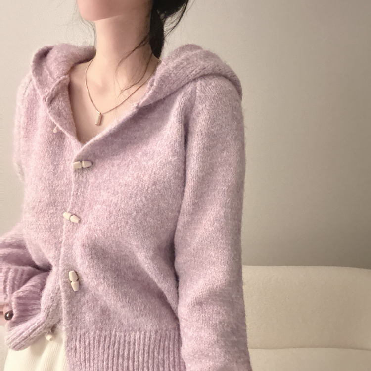 떡볶이 후드 보카시 니트 기디건 퍼플