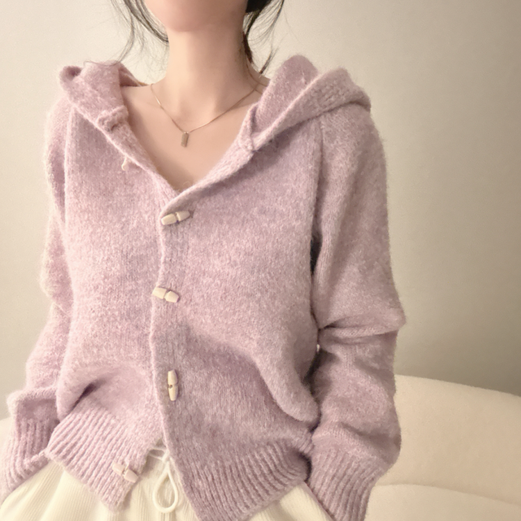 떡볶이 후드 보카시 니트 기디건 퍼플