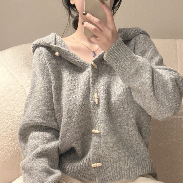 떡볶이 후드 보카시 니트 기디건 그레이