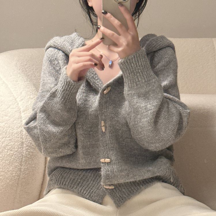 떡볶이 후드 보카시 니트 기디건 그레이