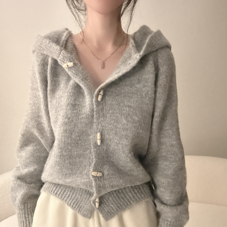 떡볶이 후드 보카시 니트 기디건 그레이